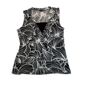 JKLA California Sleeveless Blouse V-Neck Tropical Leaf Print Black White Medium